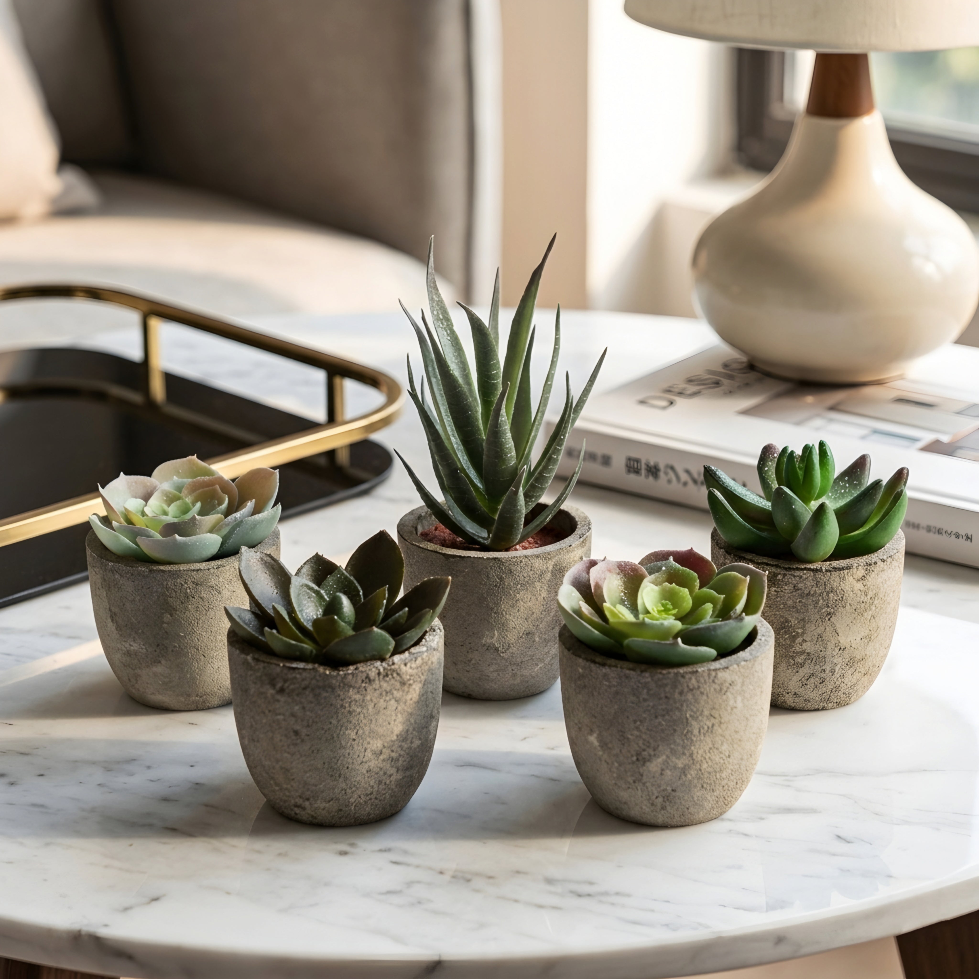 Piedras Mini Succulent Planter Set – Artificial Small Desk Decor Concrete Pot Tabletop Living Room Bedroom Office