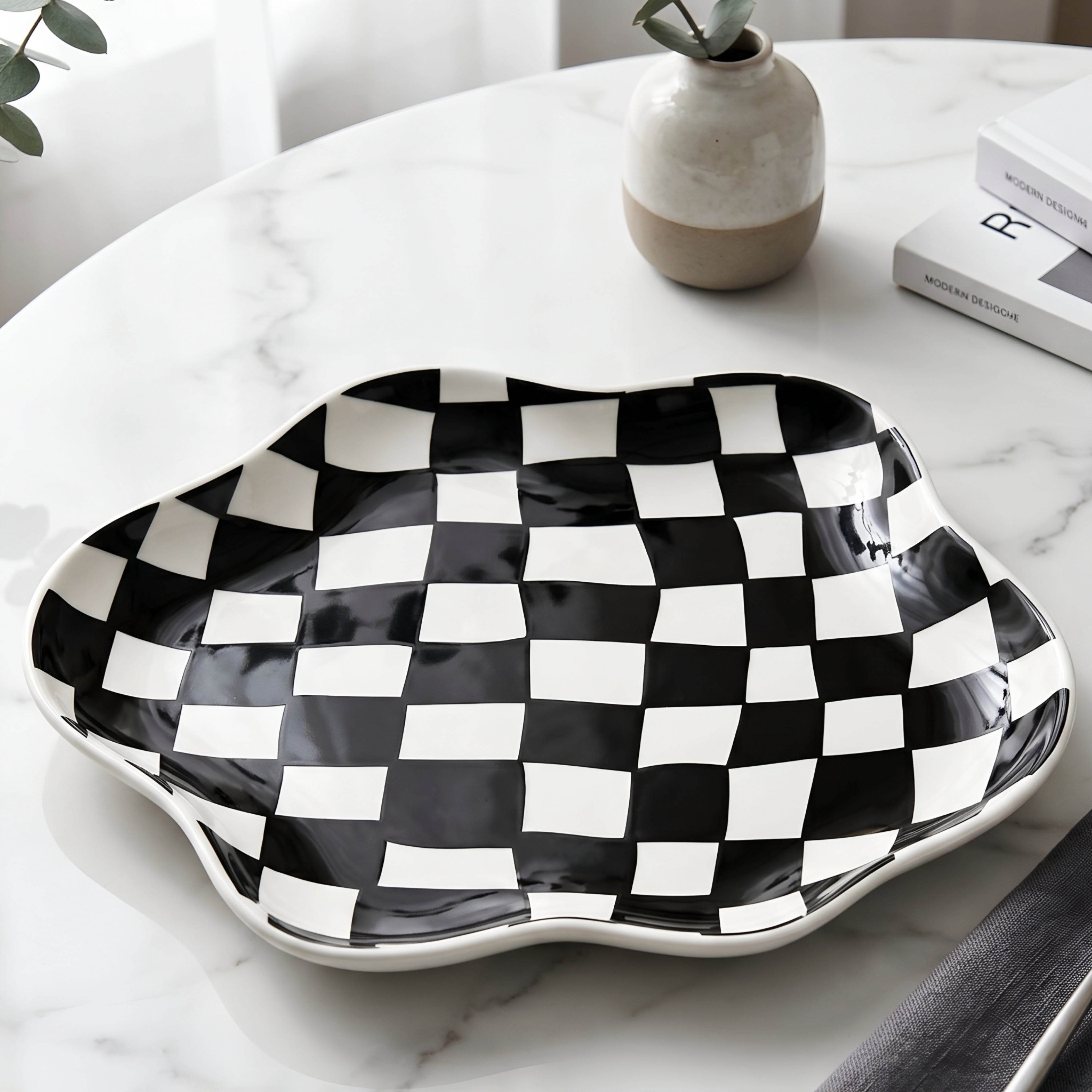 Checkra Wavy Accent Plate – Decorative Ceramic Tray Jewelry Organizer Modern Checkered Pattern Home Decor