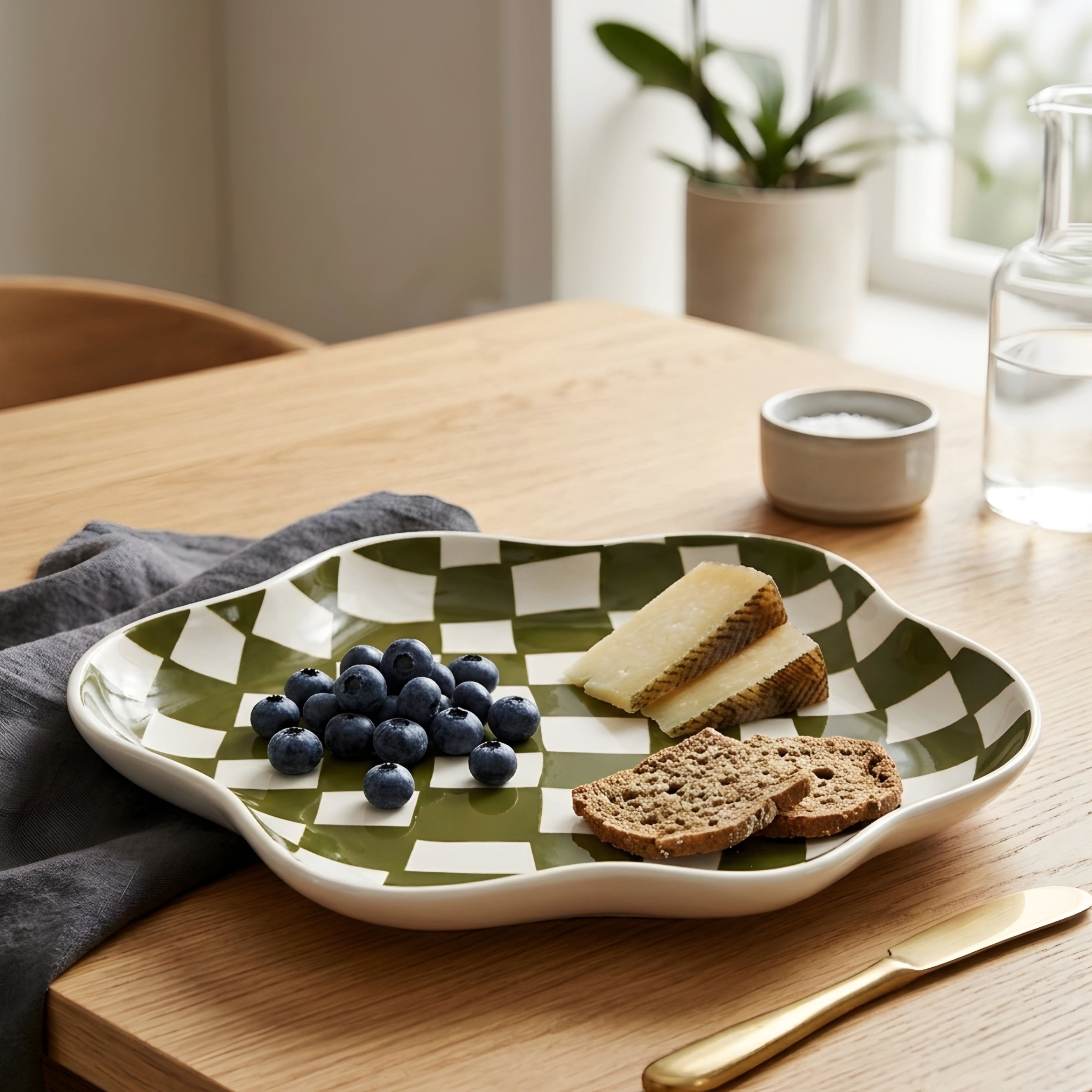 Checkra Wavy Accent Plate – Decorative Ceramic Tray Jewelry Organizer Modern Checkered Pattern Home Decor