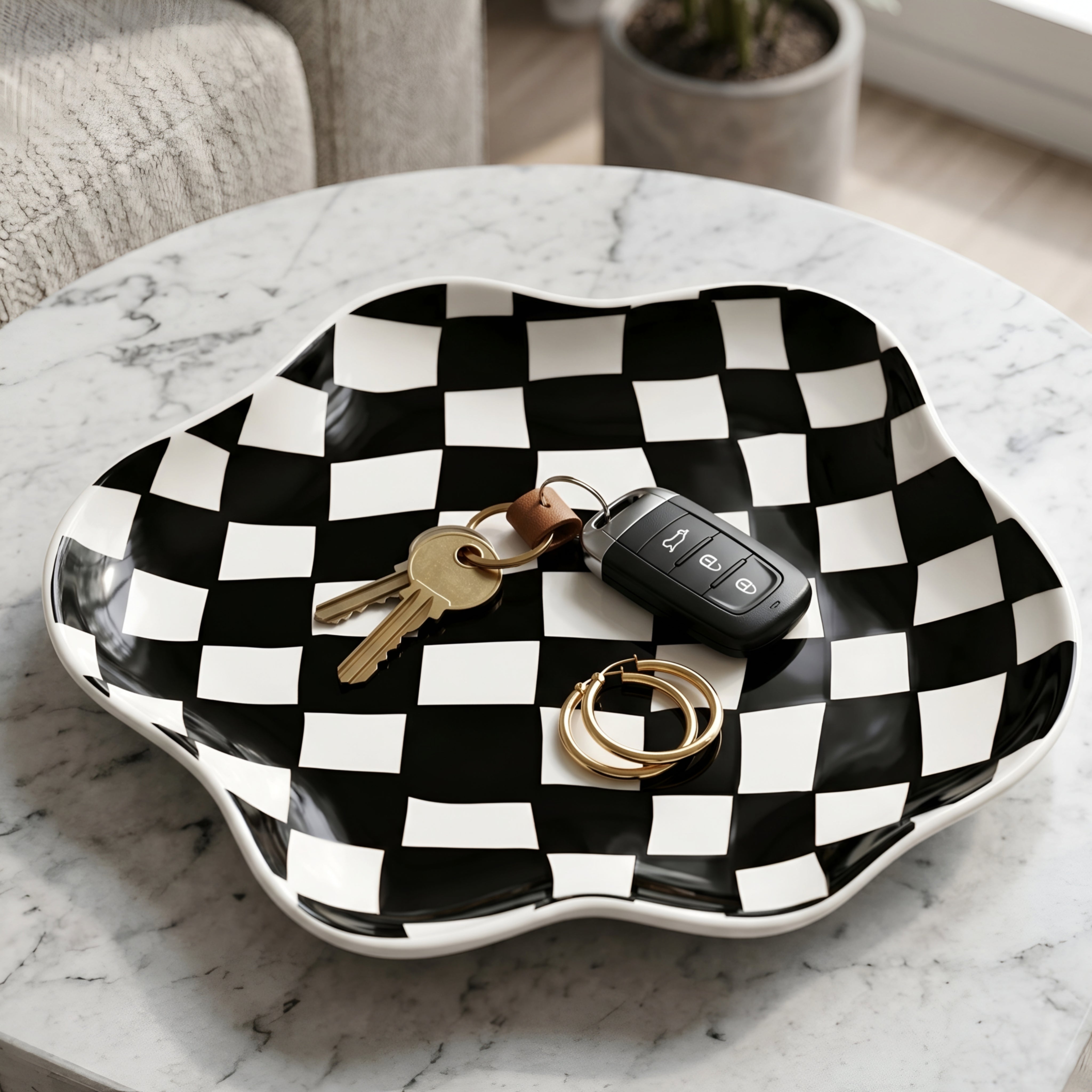 Checkra Wavy Accent Plate – Decorative Ceramic Tray Jewelry Organizer Modern Checkered Pattern Home Decor
