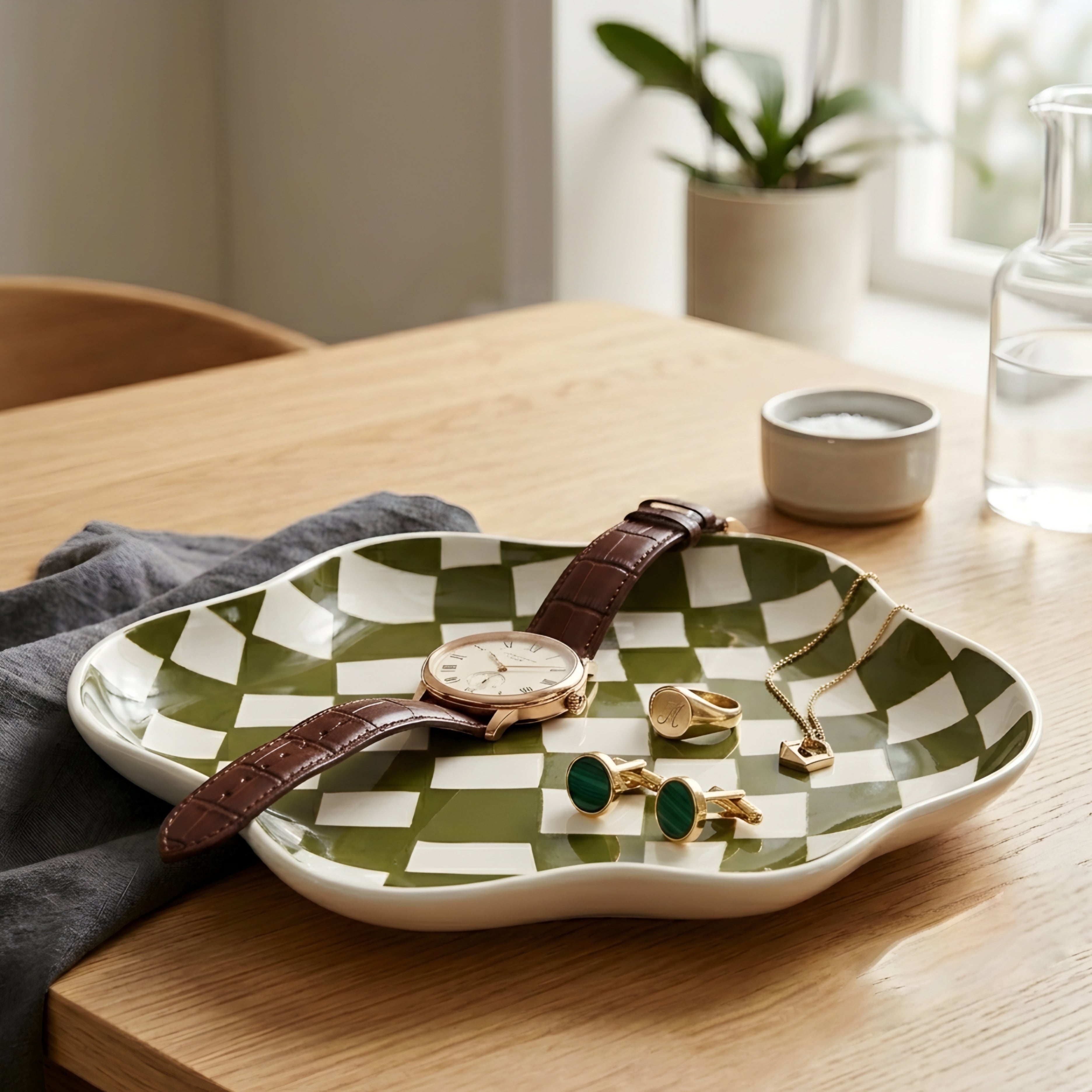 Checkra Wavy Accent Plate – Decorative Ceramic Tray Jewelry Organizer Modern Checkered Pattern Home Decor