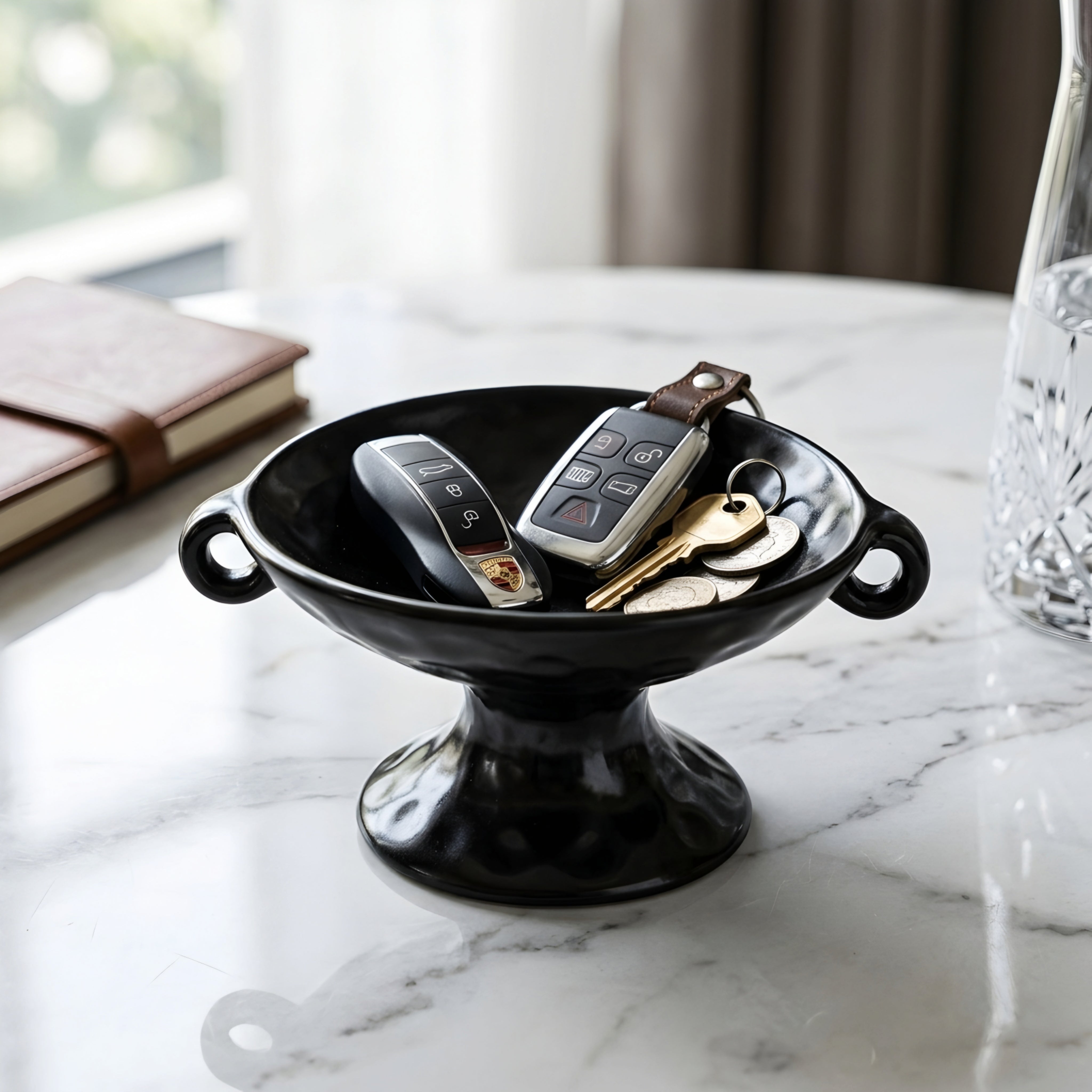 Scrollia Footed Catchall Tray – Black Ceramic Jewelry Organizer Decorative Vanity Dish Bedroom Nightstand