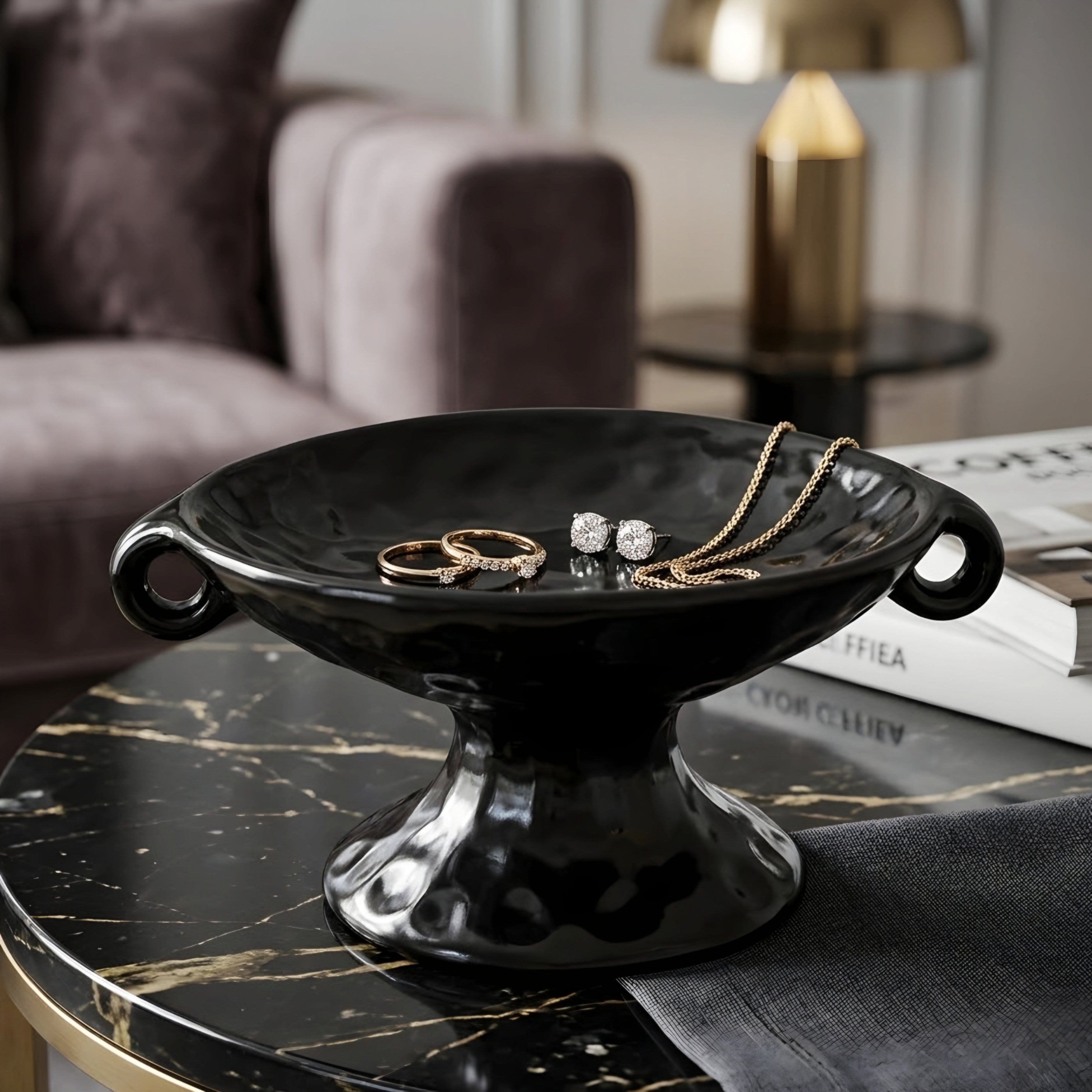 Scrollia Footed Catchall Tray – Black Ceramic Jewelry Organizer Decorative Vanity Dish Bedroom Nightstand