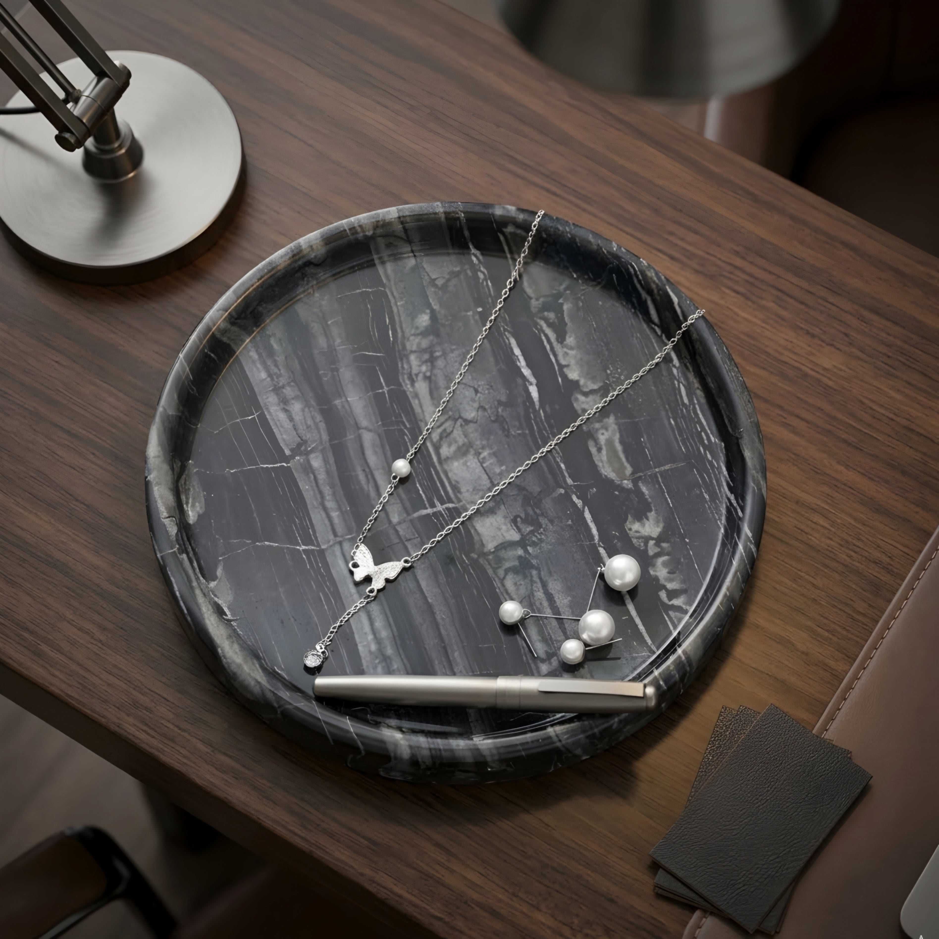Obsidian Marble Catchall Tray – Black Stone Decorative Dish Jewelry Candle Holder Home Decor Accent