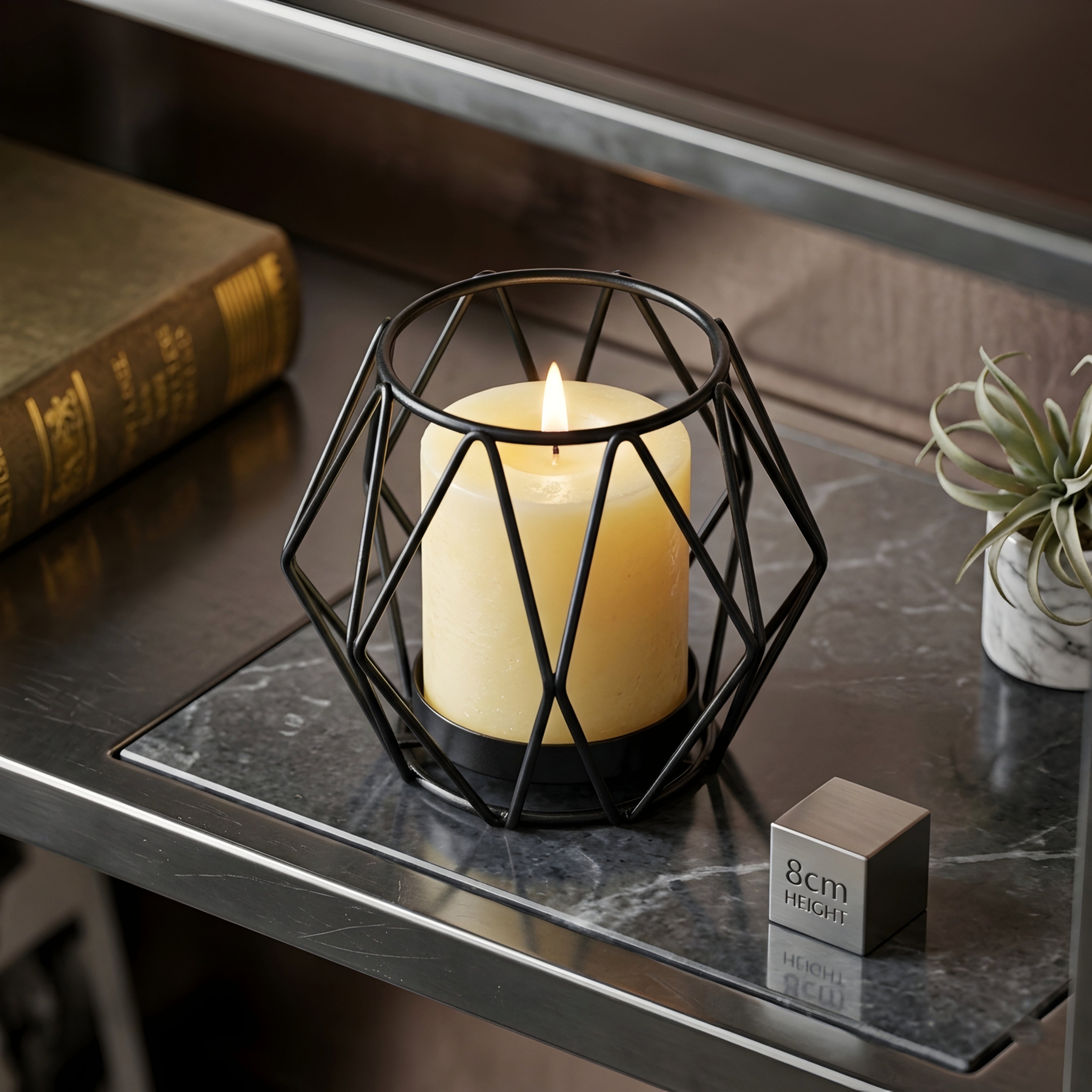 Hexlyn Geometric Candle Holder – Black Metal Wire Frame Decorative Lantern Table Centerpiece Living Room Bedroom