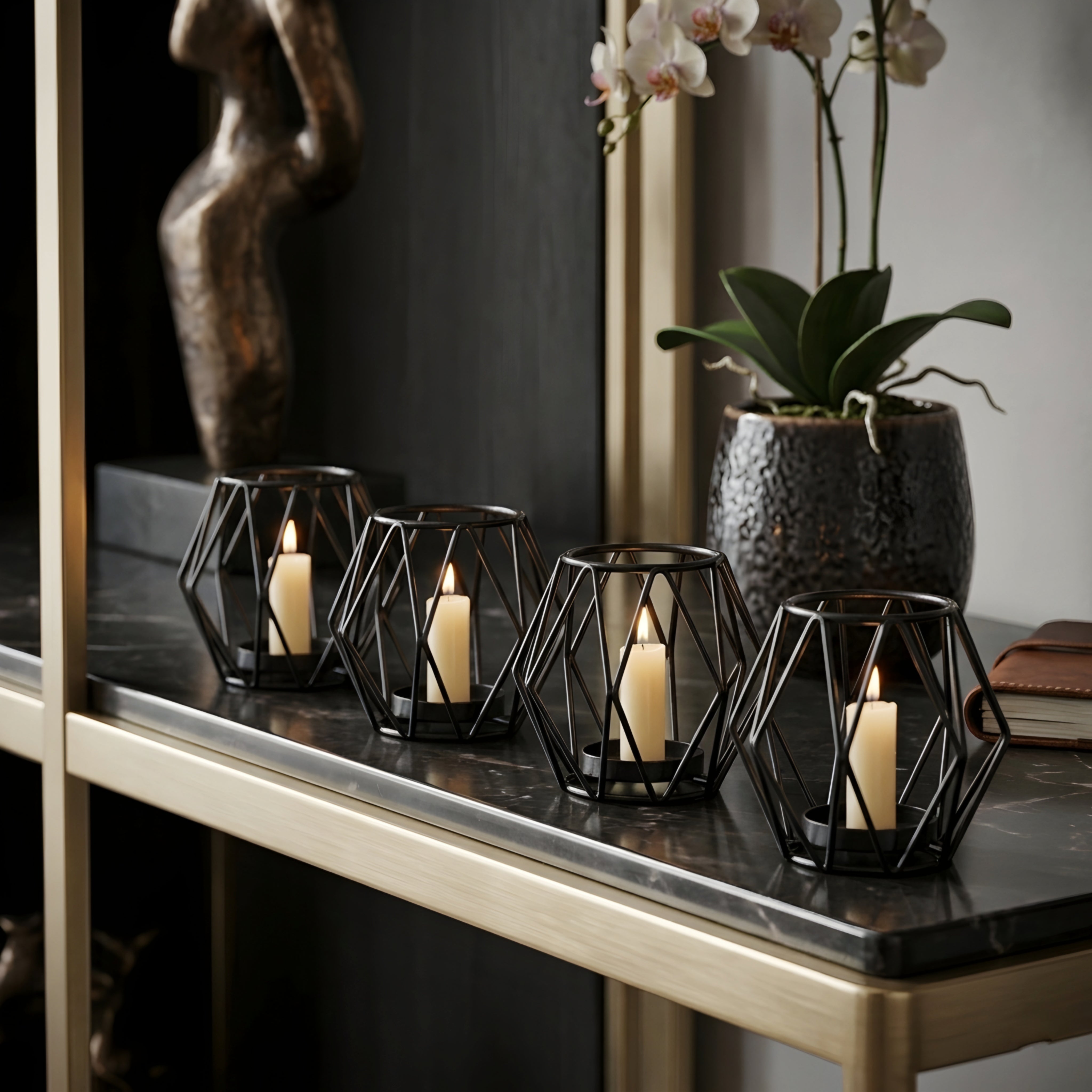 Hexlyn Geometric Candle Holder – Black Metal Wire Frame Decorative Lantern Table Centerpiece Living Room Bedroom