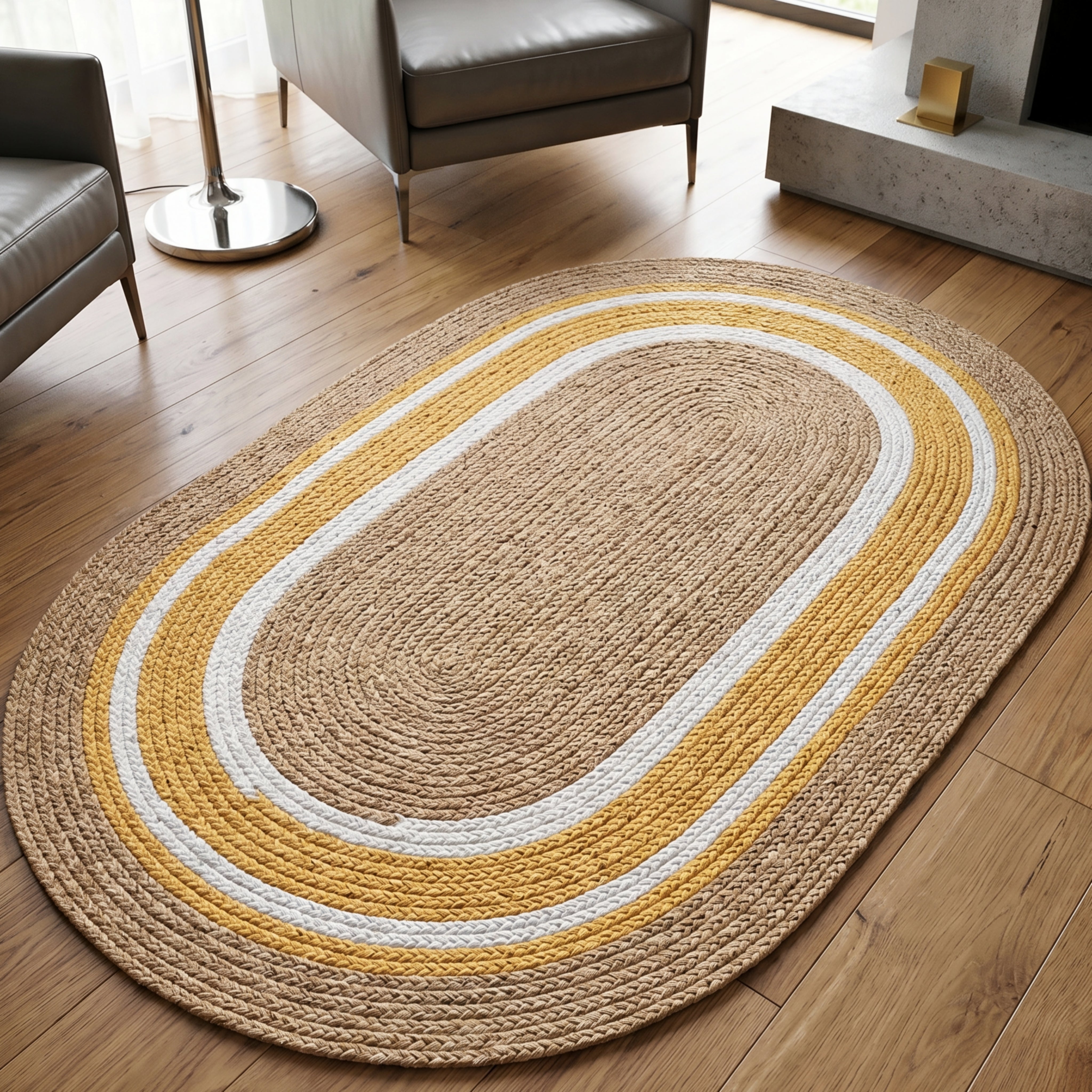 Amberwave Oval Area Rug – Braided Jute Kitchen Bedroom Living Room Farmhouse Striped Runner Mat
