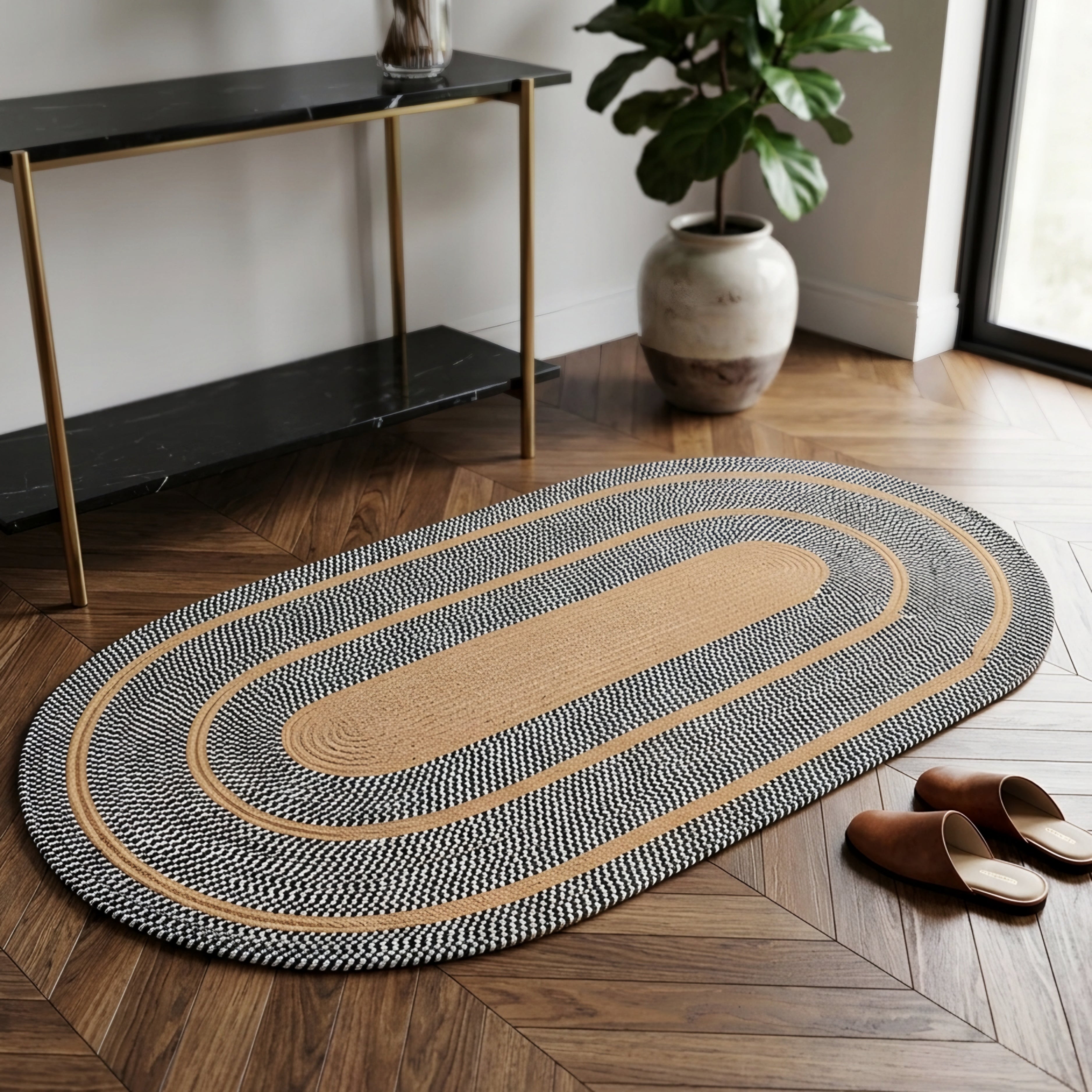 Amberwave Oval Area Rug – Braided Jute Kitchen Bedroom Living Room Farmhouse Striped Runner Mat