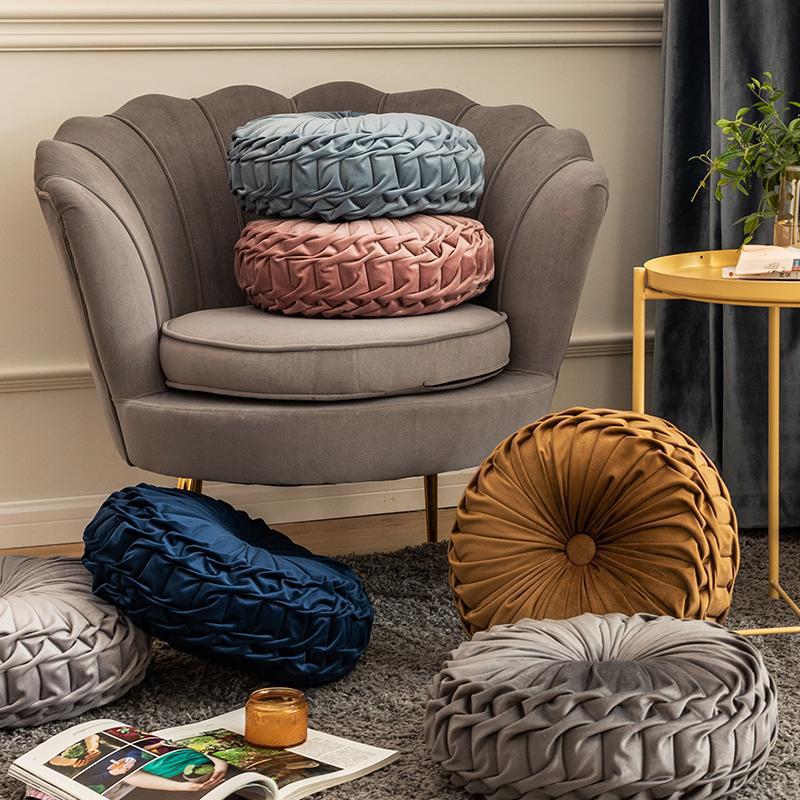 Plexa Round Throw Pillow – Velvet Pleated Decorative Cushion Gray 16x16 Couch Bedroom Living Room