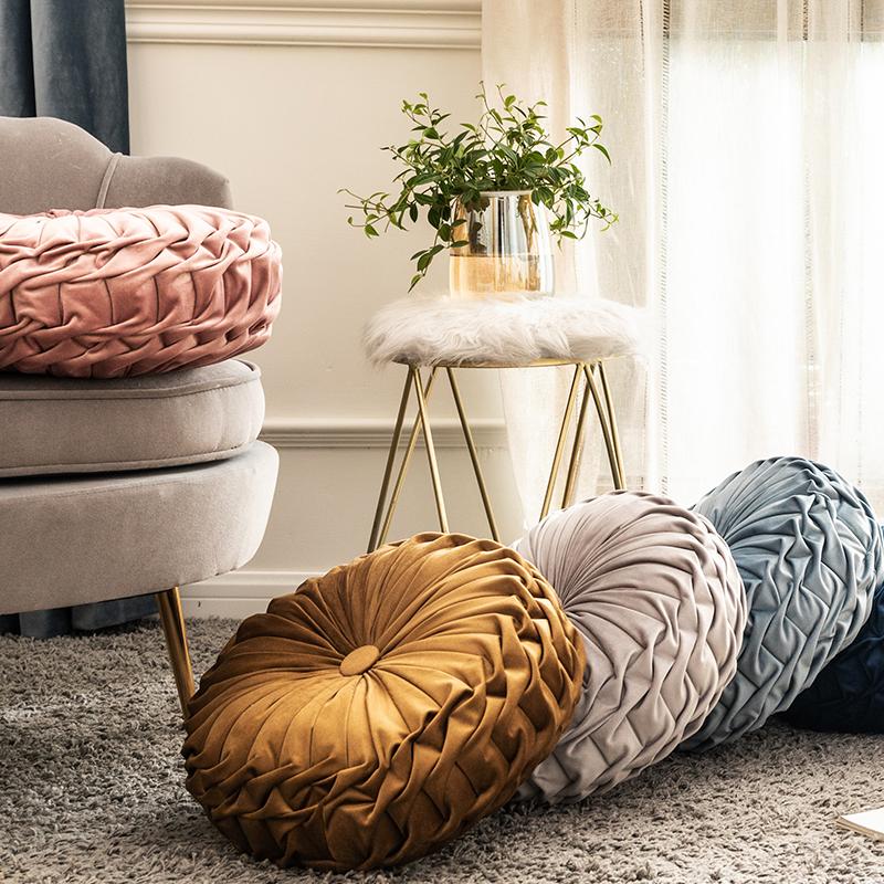 Plexa Round Throw Pillow – Velvet Pleated Decorative Cushion Gray 16x16 Couch Bedroom Living Room