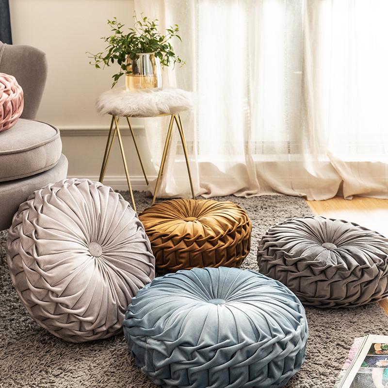 Plexa Round Throw Pillow – Velvet Pleated Decorative Cushion Gray 16x16 Couch Bedroom Living Room