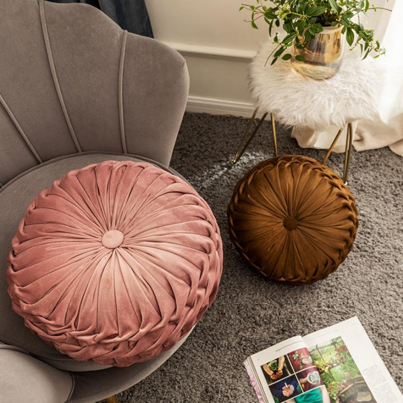 Plexa Round Throw Pillow – Velvet Pleated Decorative Cushion Gray 16x16 Couch Bedroom Living Room