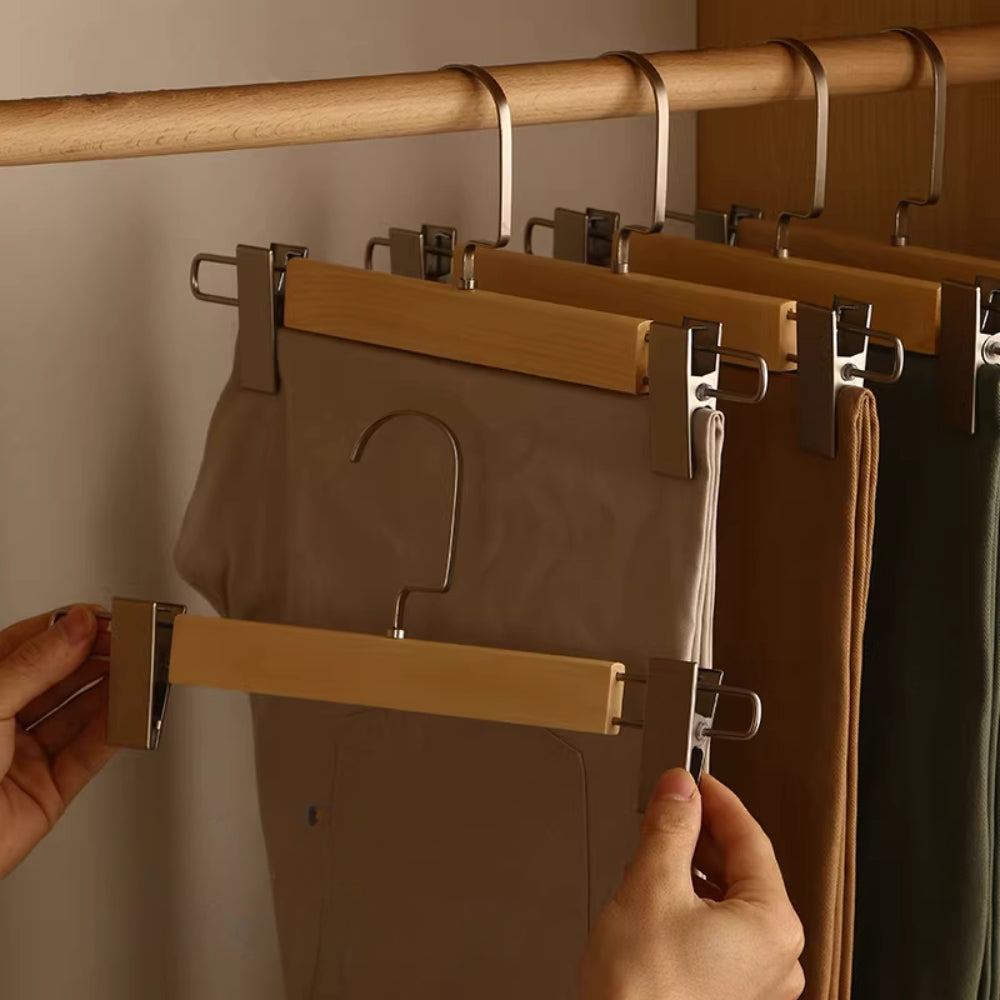 Norvik Wooden Trouser Hanger – Premium Pants Skirt Clip Hanger Rotating Hook Natural Wood Closet Organizer