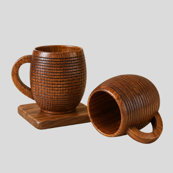 Stratum Barrel Mug – Handcrafted Wood Drinking Cup Natural Grain Texture Ergonomic Handle Coffee Tea
