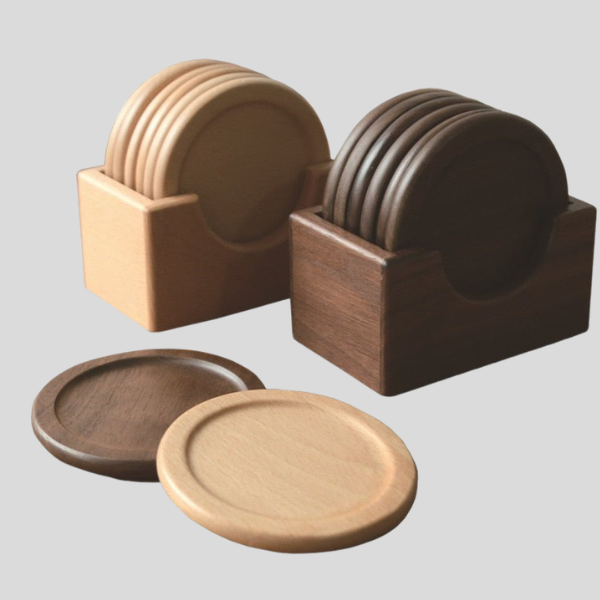 Ridgemont Wood Coaster Set – Round Beverage Coasters Holder Wooden Table Decor Living Room