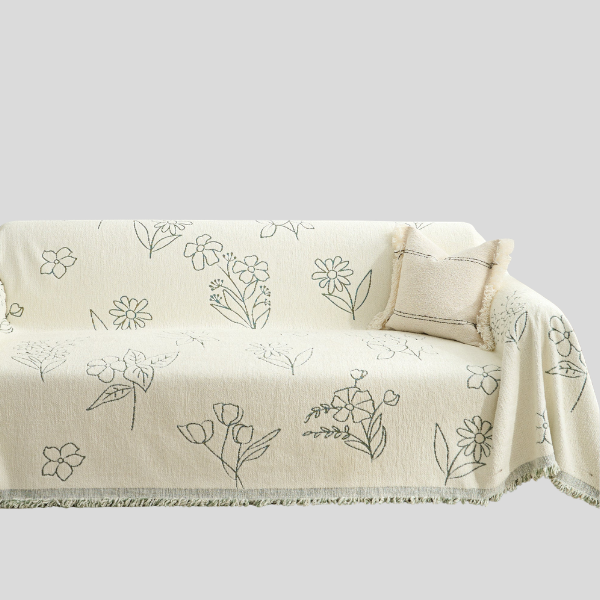 Florian Bloom Sofa Throw – Cotton Woven Floral Line Art Couch Cover Living Room Furniture Protector