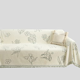 Florian Bloom Sofa Throw – Cotton Woven Floral Line Art Couch Cover Living Room Furniture Protector