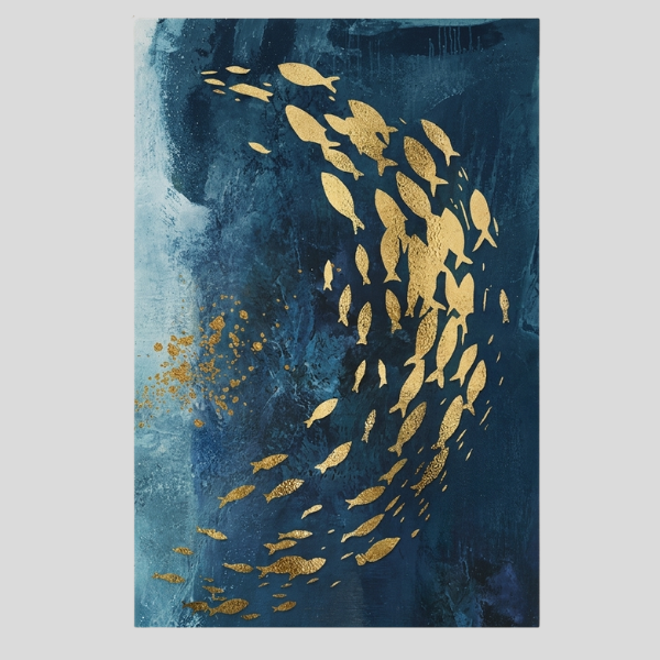 Marisol School Canvas Wall Art – Ocean Fish Abstract Blue Gold Coastal Decorative Wall Hanging Living Room
