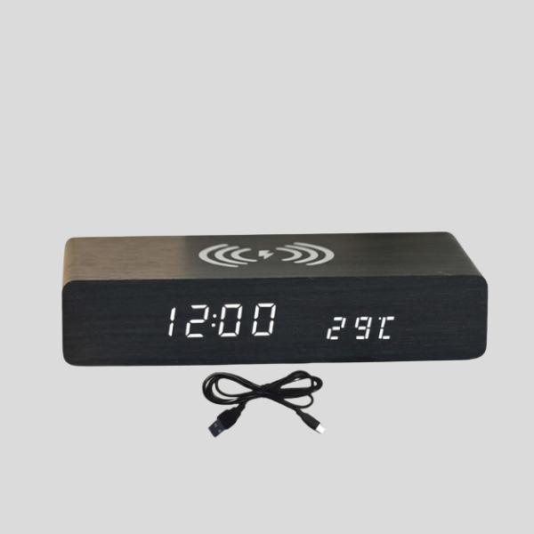 Voltric Wireless Charging Alarm Clock – Digital LED Display Wooden Temperature USB Bedside Charging Station