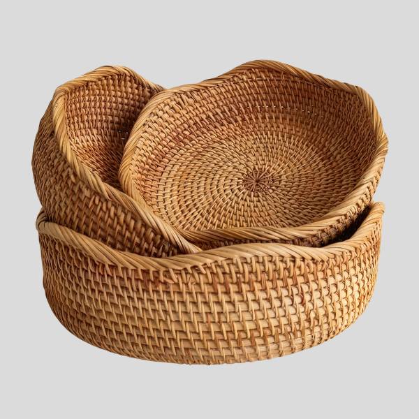 Rattan Woven Storage Basket Set – Handwoven Round Wicker Organizer Kitchen Living Room Decorative