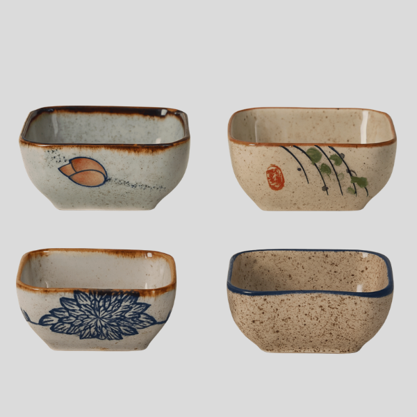 Satsuki Square Ceramic Bowl Set – Japanese Handcrafted Small Sauce Dishes Decorative Serving Bowls Set of 4