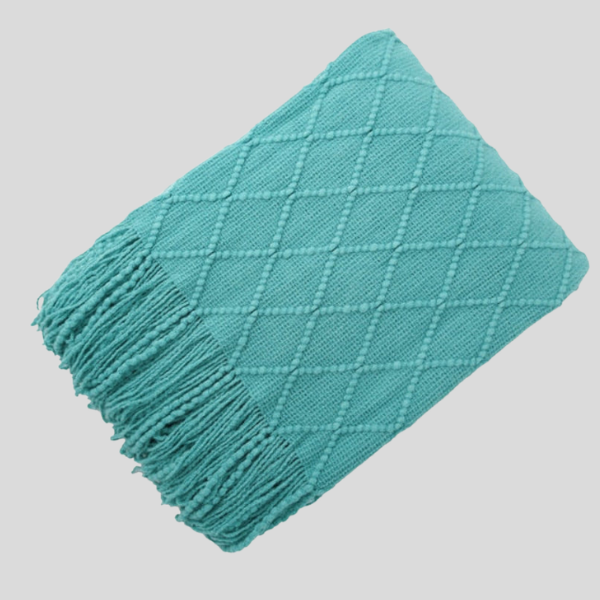 Caspien Throw Blanket – Chevron Textured Turquoise Tassels Sofa Couch Living Room Bedroom Decor Acrylic