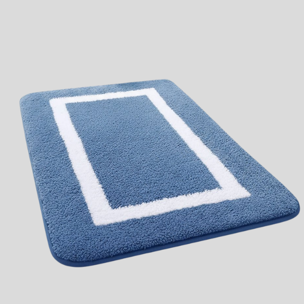 Bordera Bath Mat – Soft Microfiber Non-Slip Absorbent Bathroom Rug Blue White Border Design
