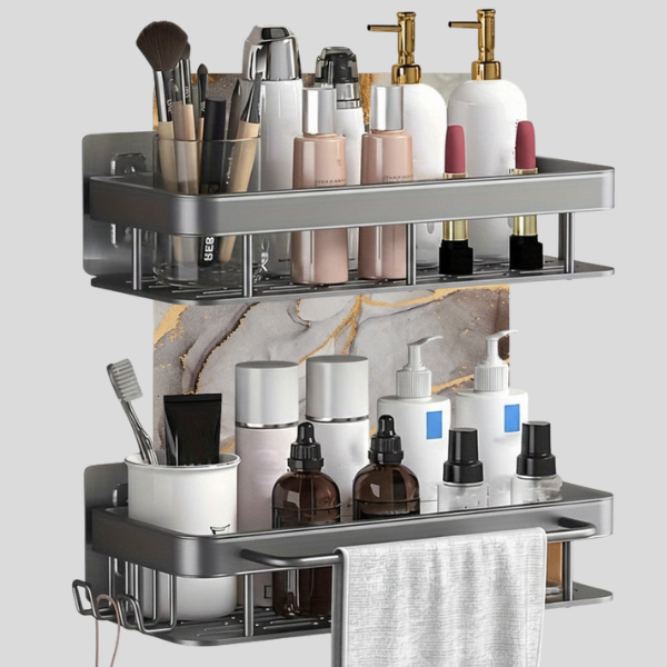 Ashvex Two Tier Bathroom Shelf – Adhesive Wall Mounted Shower Caddy Organizer Storage Rack