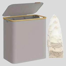 Caspien Dual Compartment Laundry Hamper – Large Capacity Foldable Sorter Basket Bamboo Lid Gray