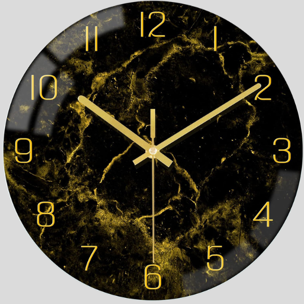 Marvex Noir Wall Clock – Black Gold Marble Round Decorative 12 Inch Silent Living Room Bedroom Kitchen
