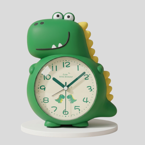 Rexley Dinosaur Alarm Clock – Kids Bedroom Silent Analog Clock Green Decorative Tabletop Nightstand