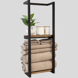 Corsica Frame Towel Rack – Freestanding Bathroom Storage Shelf Black Metal Wood Organizer