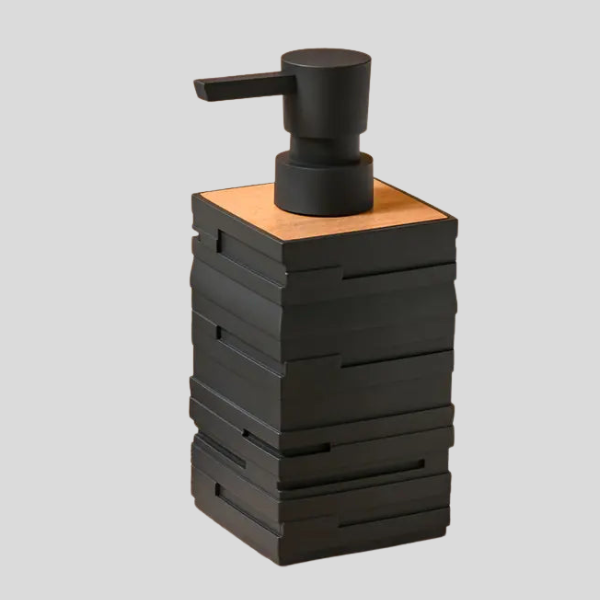 Stratum Wood Soap Dispenser – Modern Black Matte Bathroom Kitchen Countertop Pump Bottle Wooden Accent