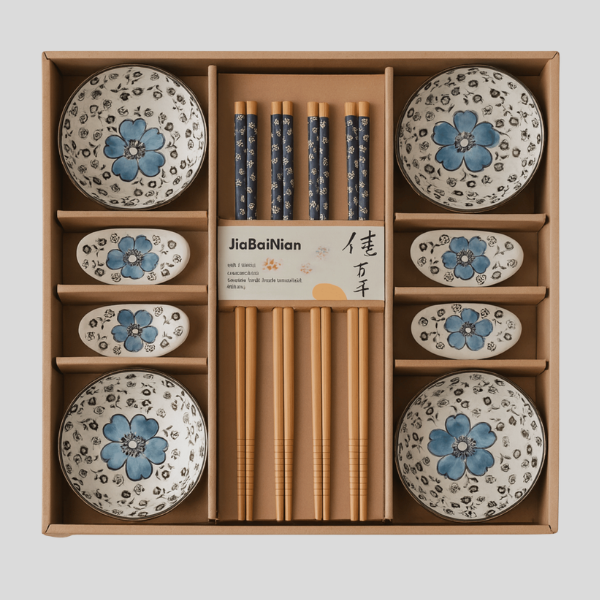 Hanami Ceramic Sushi Dinnerware Set – 12 Piece Blue Floral Japanese Tableware Bowls Plates Chopsticks Gift Box