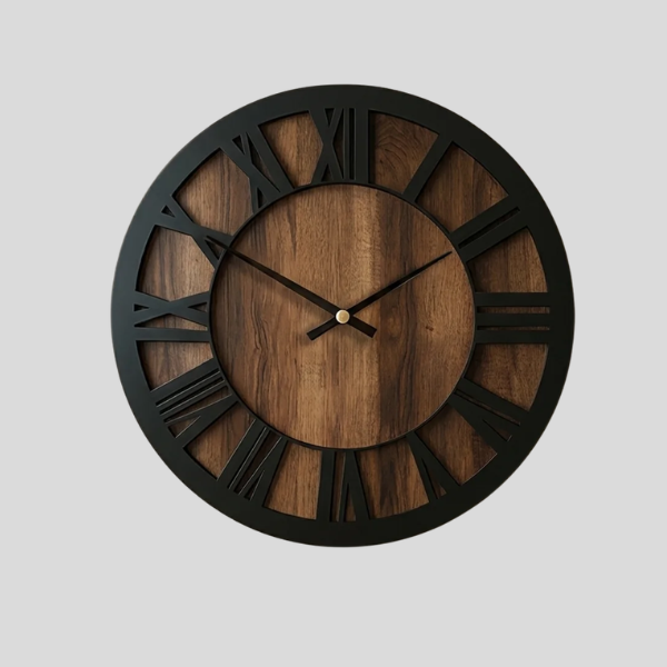 Ferrus Roman Wall Clock – Large Round Rustic Wood Black Metal Skeleton Farmhouse Silent Living Room