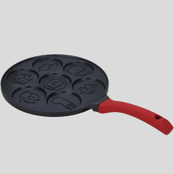 Faunlet Animal Pancake Pan – Nonstick 7 Mold Kids Breakfast Griddle Red Handle Kitchen Cookware