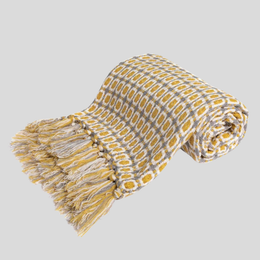 Weyland Geometric Throw Blanket – Knit Cotton Polyester Yellow Grey Tassel Fringe Couch Sofa