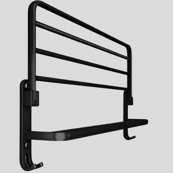 Corvex Fold Towel Rack – Wall Mounted Bathroom Space Saving Aluminum Shelf Storage Black