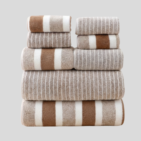 Riverton Stripe Towel Set – Luxury Coral Fleece Bathroom Towels Quick Dry Soft Absorbent Machine Washable