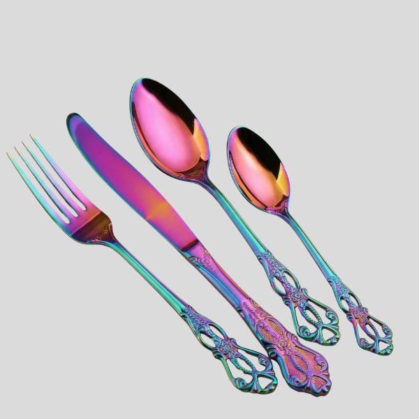 Prismara Flatware Set – Rainbow Iridescent Stainless Steel Cutlery Ornate Vintage Design Dishwasher Safe