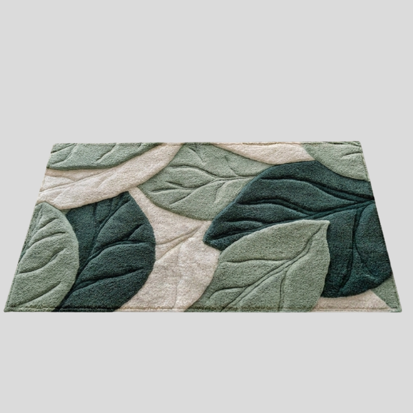 Foliara Leaf Bath Mat – Botanical Green Cream Microfiber Non-Slip Washable Bathroom Rug Decor