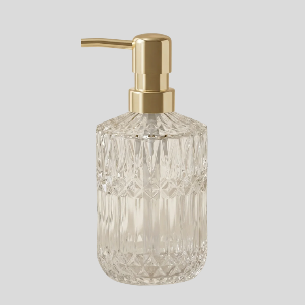 Prismelle Glass Soap Dispenser – Crystal Cut Design Gold Brass Pump Luxury Bathroom Kitchen Countertop