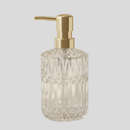 Prismelle Glass Soap Dispenser – Crystal Cut Design Gold Brass Pump Luxury Bathroom Kitchen Countertop