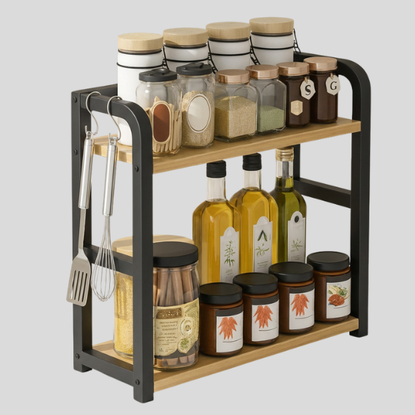 Stratum Spice Rack – Kitchen Counter Organizer 2 Tier Wood Black Metal Shelf Storage