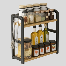 Stratum Spice Rack – Kitchen Counter Organizer 2 Tier Wood Black Metal Shelf Storage