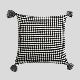 Tessera Tassel Throw Pillow Cover – Black White Herringbone Knit Cushion 18x18 Decorative Living Room Bedroom Boho