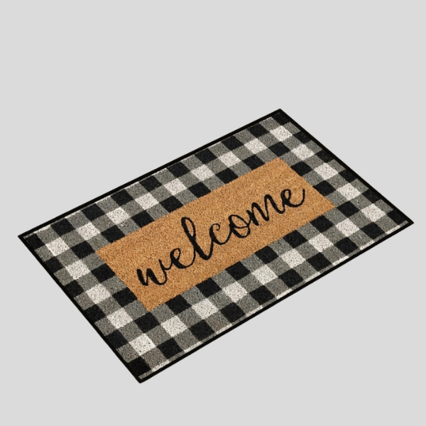 Gingham Welcome Door Mat – Buffalo Plaid Black White Checkered Entryway Rug Farmhouse Indoor Outdoor