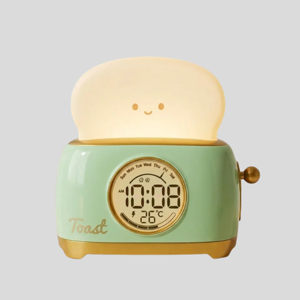 Toasty Bloom Alarm Clock – Kids Digital LED Night Light Bedside Lamp Temperature Display Cute Toast Design