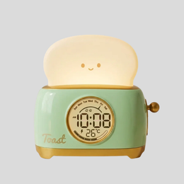 Toasty Bloom Alarm Clock – Kids Digital LED Night Light Bedside Lamp Temperature Display Cute Toast Design