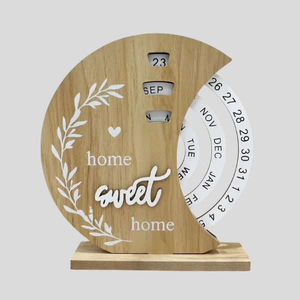 Crescen Perpetual Calendar – Wooden Desktop Calendar Rotating Date Wheel Month Day Home Decor